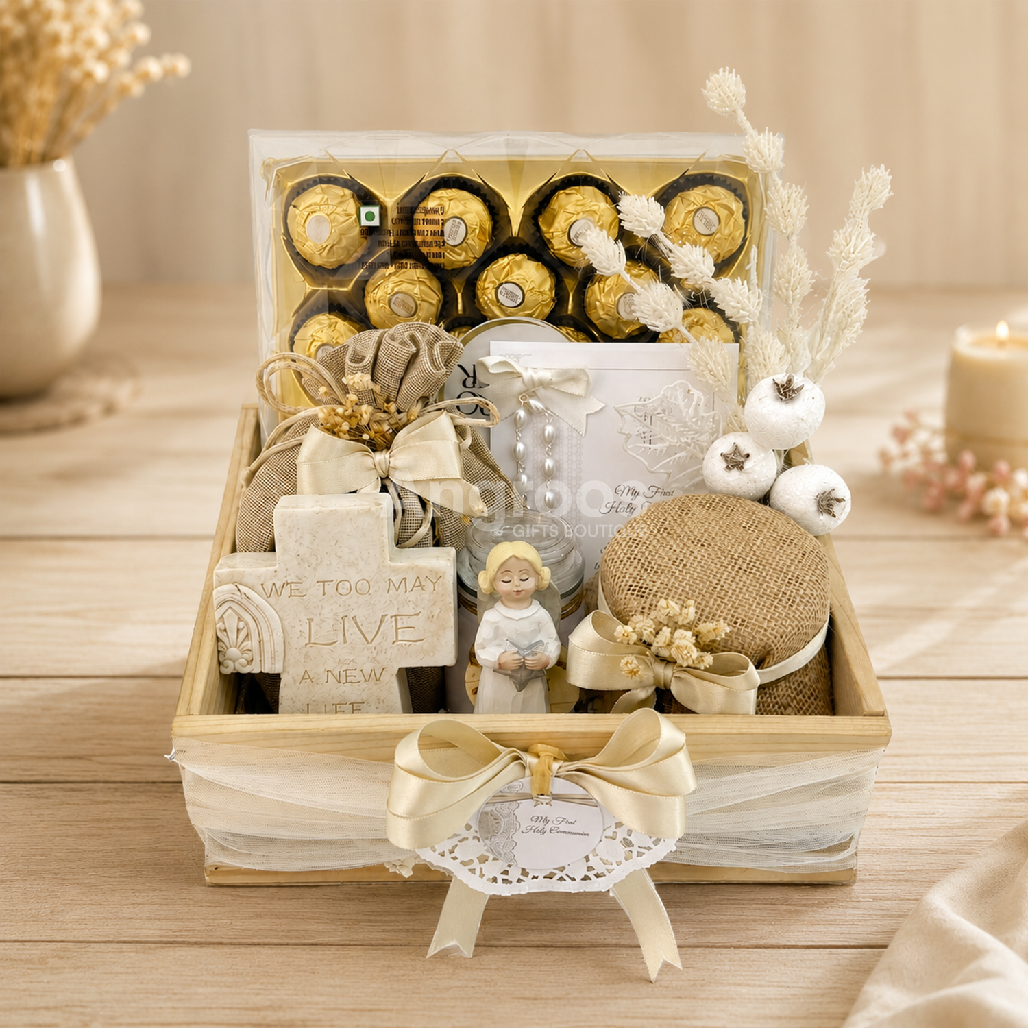 Holy Communion Tray Hamper with Angel, Cross & Chocolates